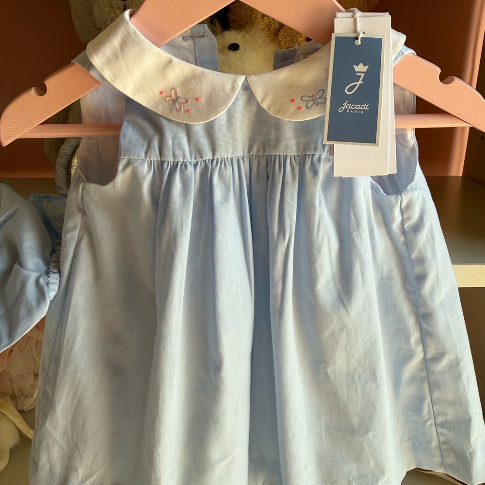 Jacadi Light Blue Dress with White Embroidered Collar